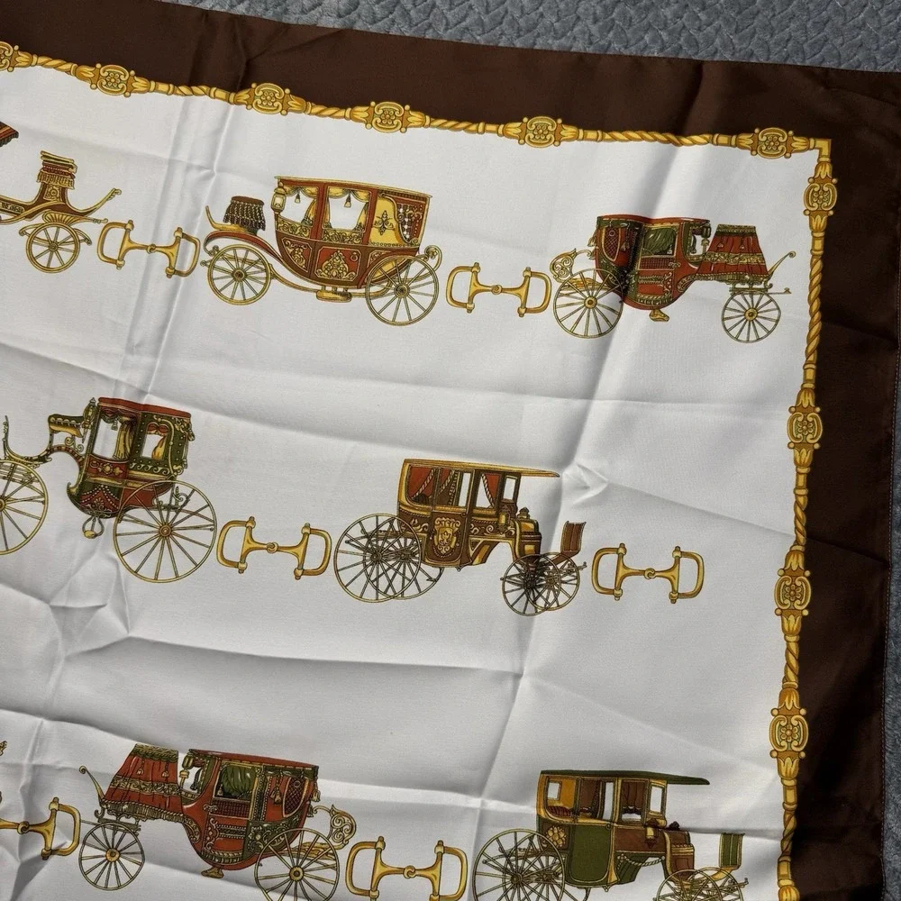 VTG Italian Carriage Print Silk-Style Scarf‎ Stage Coach Brown Gold Equestrian